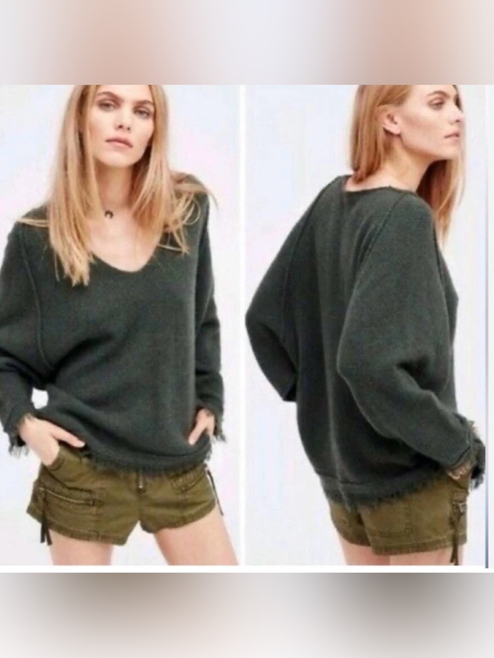 Free People Irresistible Fringe V-Neck Oversized Sweater Olive Green Small